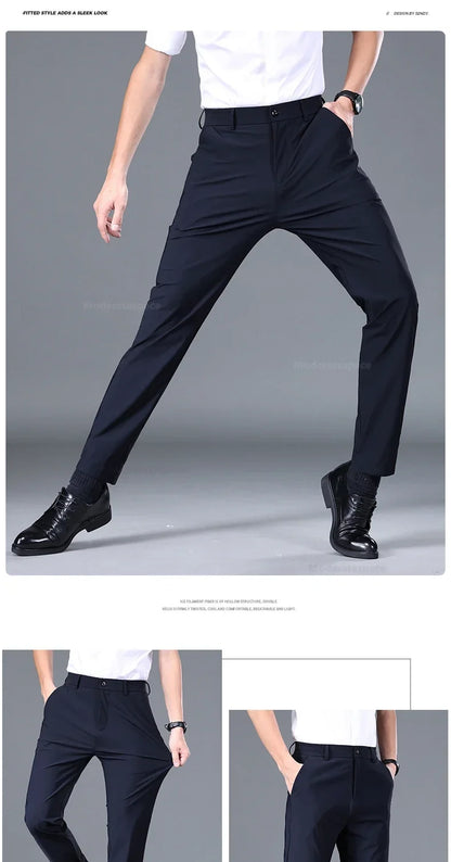 Summer Ultra-thin Casual Pants Men's High Elastic Quick-drying Ice Silk Straight Business Formal Casual Trousers Black Gray