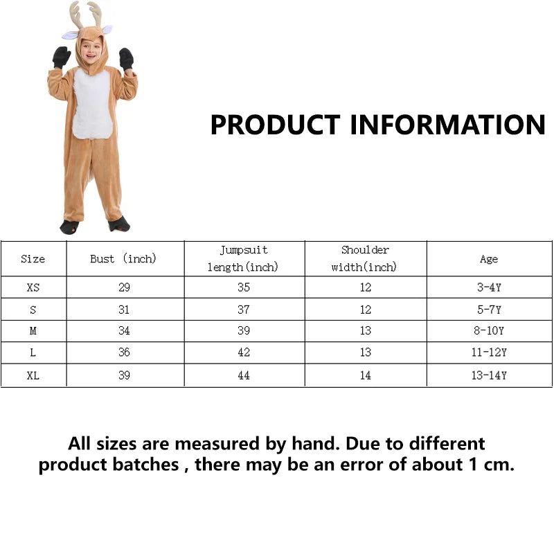 Children's Reindeer Cosplay Costume, One-piece Suit with Hat, Suitable for Halloween and Christmas Stage Performances