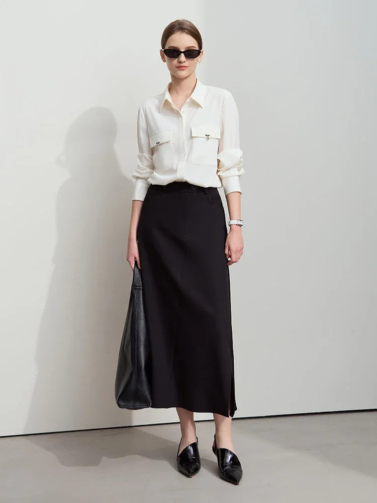 Minimalist Autumn New Commuter Asymmetrical Oblique Placket Split Skirt Non Ironing Anti Wrinkle A Shape Skirt 12551003
