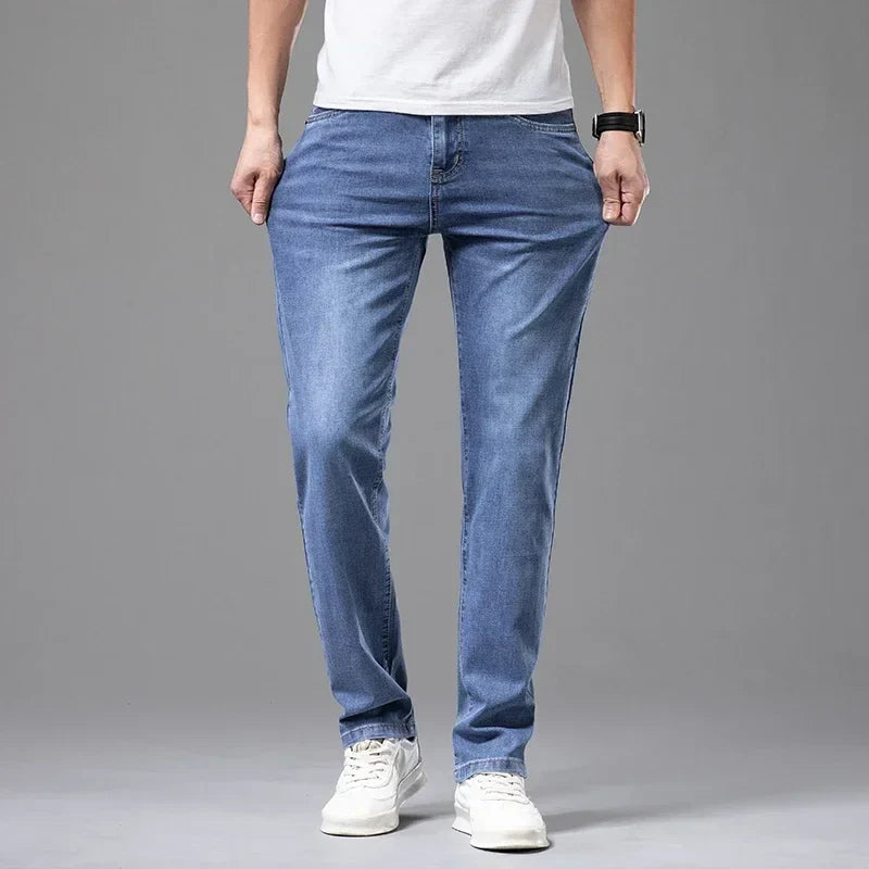 Summer Brand Men's Fit Straight Lightweight Cotton Stretch Jeans Business Casual High Waist Thin Light Grey Jeans mens pants