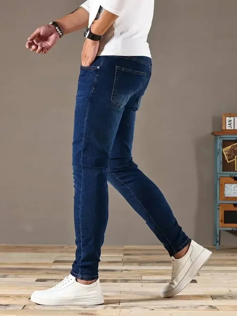 Men Jeans Stretch Skinny Denim Pants Solid Color Black Blue Spring Luxury Street Harajuku Hip-Hop Style Slim Fit Trousers Brand