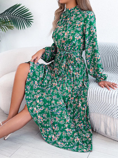 Floral Stand Up Collar Bridesmaid Dress 2026 Spring Summer Elegant Long Sleeve Waist Cinched Pleated Dresses Valentine's Day