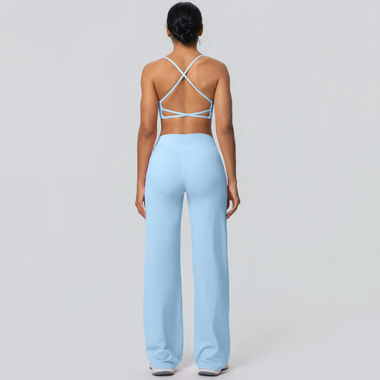Women Gym Sports Yoga Suit Sexy Beautiful Back Yoga Underwear With Chest Pad Solid Color High Waisted Wide Leg Pants Yoga Set