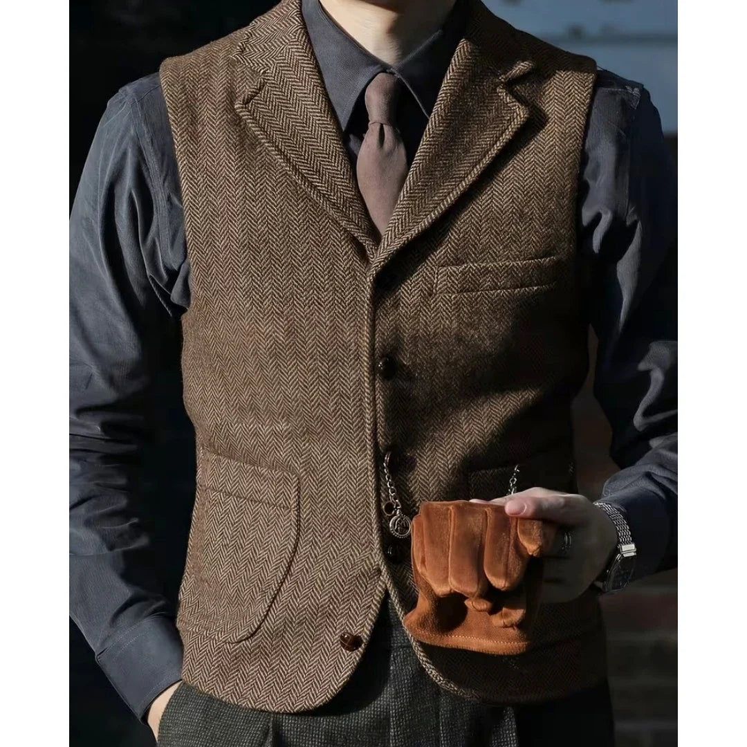 Men Vest Brown Herringbone With Lapel Single Breasted Waistcoat For Wedding Party Business Prom Work Daily Casual Men Suit Vest