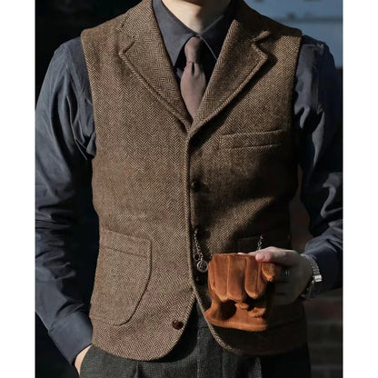Men Vest Brown Herringbone With Lapel Single Breasted Waistcoat For Wedding Party Business Prom Work Daily Casual Men Suit Vest