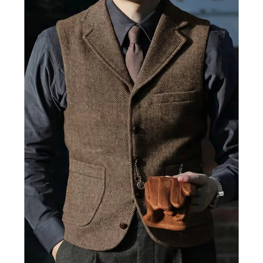 Men Vest Brown Herringbone With Lapel Single Breasted Waistcoat For Wedding Party Business Prom Work Daily Casual Men Suit Vest