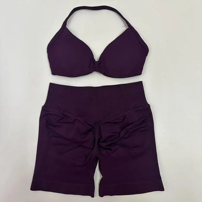 Yoga Gym Set Women Seamless Strappy Yoga Bra Top High Waist Workout Scrunch Shorts Sports Set Fitness Clothes Sportswear