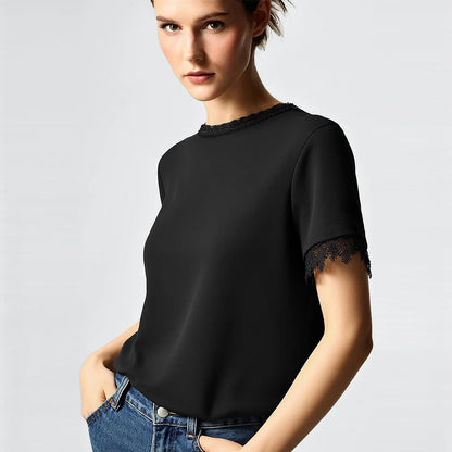 Women's T-Shirt 2026 Summer New Round Neck Lace Patchwork Women's Tee Shirt Solid Color Elegant Short Sleeve Top 12642068