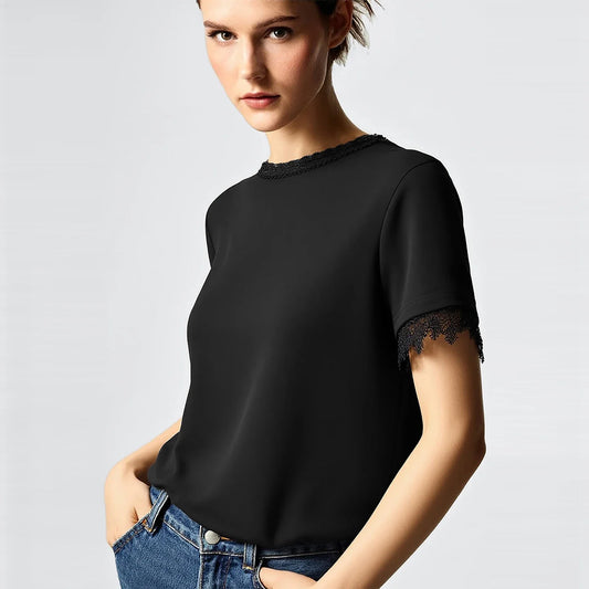 Women's T-Shirt 2026 Summer New Round Neck Lace Patchwork Women's Tee Shirt Solid Color Elegant Short Sleeve Top 12642068