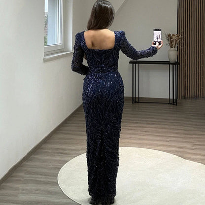 Exquisite Square Collar Evening Dress Beading Lace Straight Floor Length Custom Made Women Wedding Party Long Sleeve Gowns