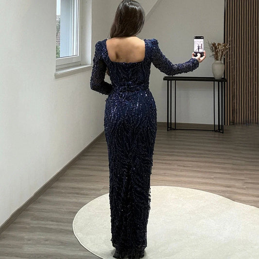 Exquisite Square Collar Evening Dress Beading Lace Straight Floor Length Custom Made Women Wedding Party Long Sleeve Gowns