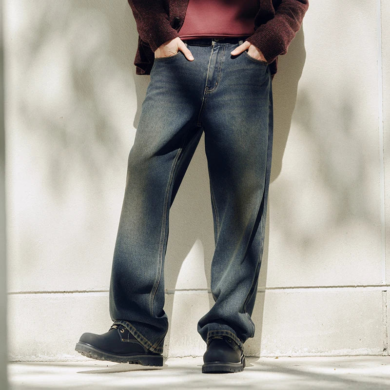 Jeans Men Vintage Washed Whiskered Loose Fit Straight Leg Classic Casual Pants 2025 Autumn Winter