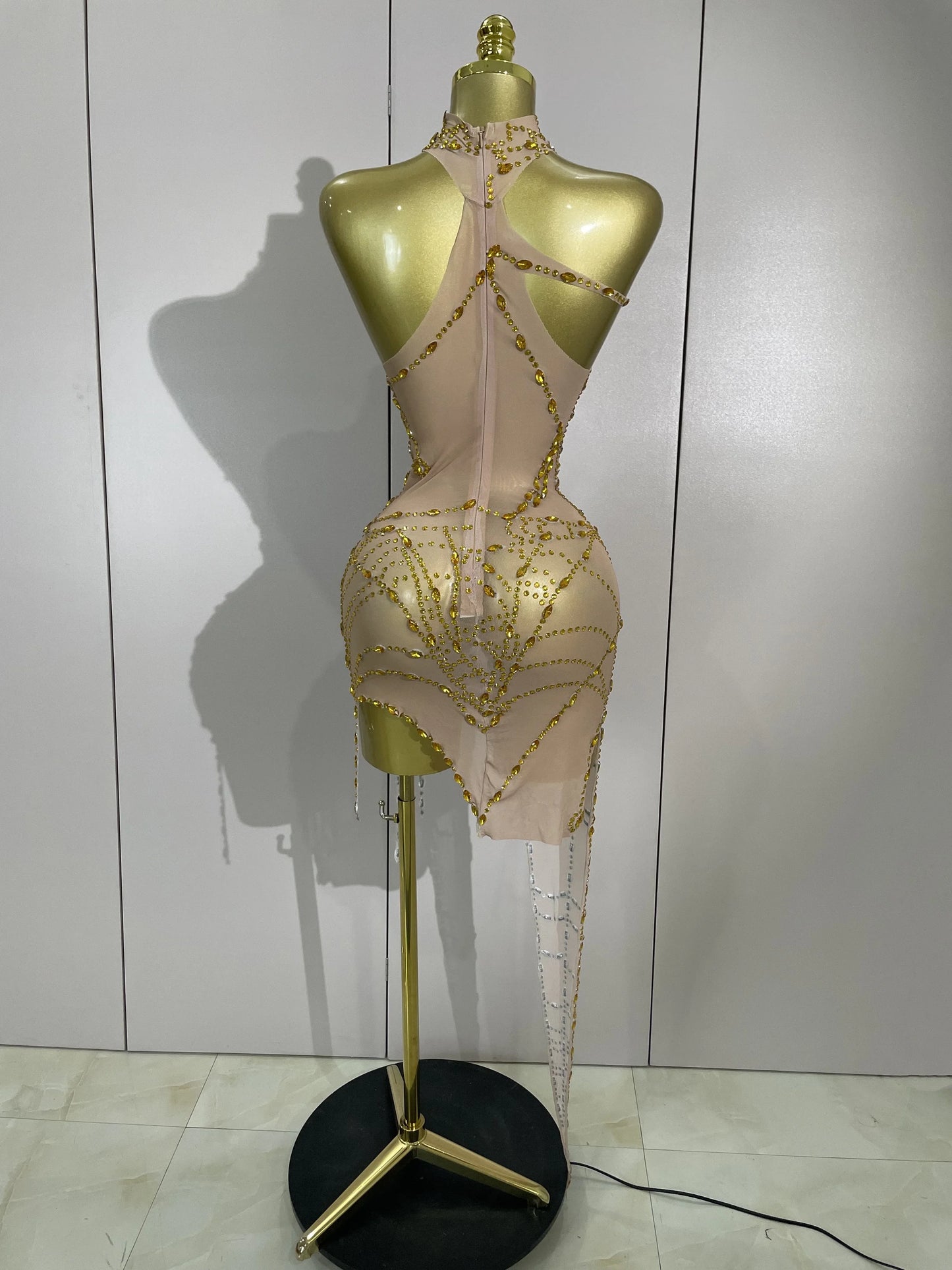 STOCK Sparkly Diamond Sexy Mesh Asymmetric Bodycon Mini Dress Women Nightclub Bar Party Show Gogo Dancer Clothing Stage Costume