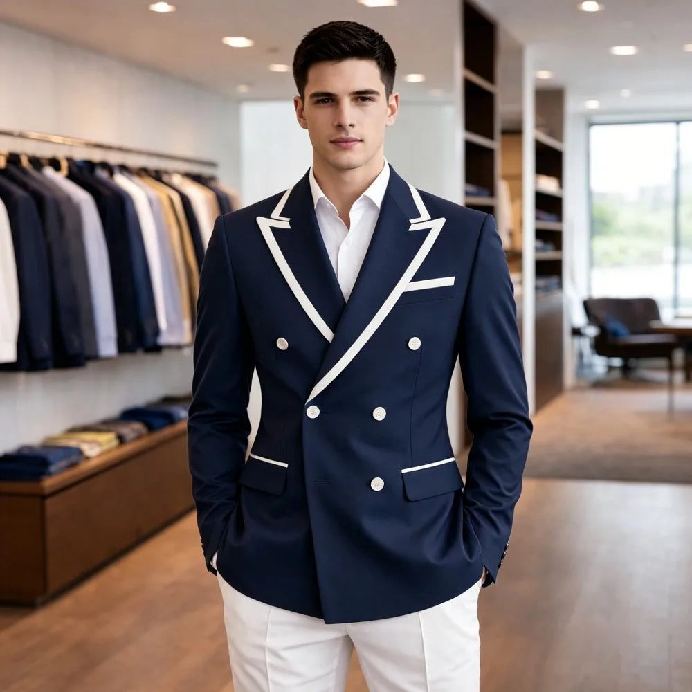 Mens Light Blue Double Breasted Suits Summer Wedding Groom Tuxedo Slim Fit Casual Fashion Blazer Trousers Costume Mens Suits