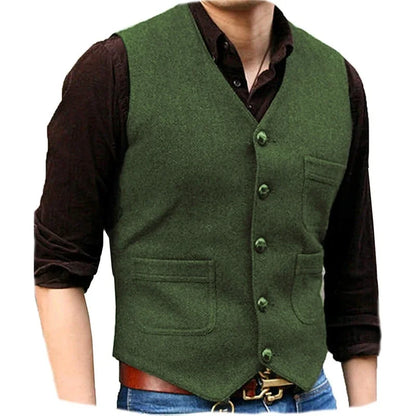 Men Vest Dark Green Herringbone Single Button V Neck With Pocket Waistcoat For Wedding Banquet Business Casual Work Men Suit