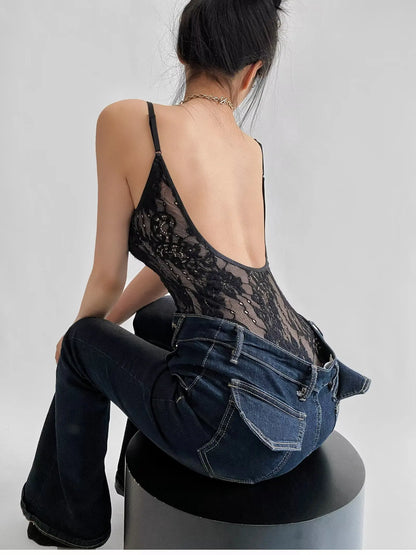 Sexy See Through Lace With Lining Backless Spaghetti Strap Bodysuit Woman Sling Tight Short Jumpsuit Slim Fit Rompers Playsuits