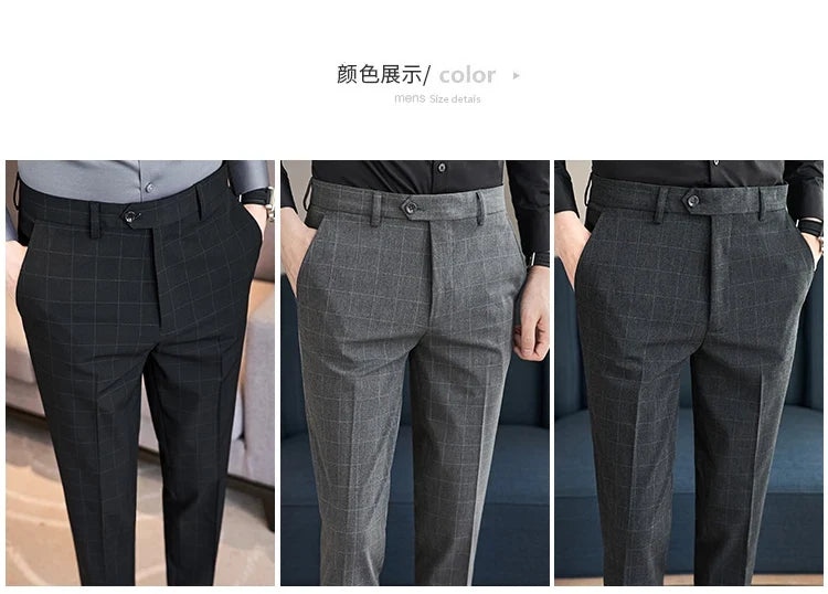 2026 High Quality Men's Plaid Striped Suit Pants Fashion Business Slim Fit Casual Straight Pants Formal Wedding Party Trousers
