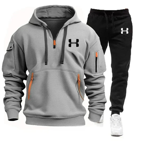 Men's autumn and winter new zipper long sleeved hooded sweatshirt, sports and casual pants, two-piece fitness jogging suit