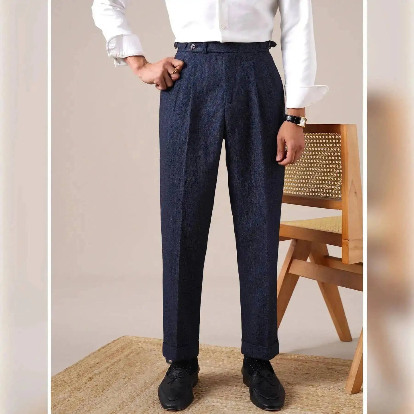 Autumn Herringbone Dress Pants For Men Naples Men's Wool Blend High Waist Social Casual Versatile Long Pants Office Trousers Men