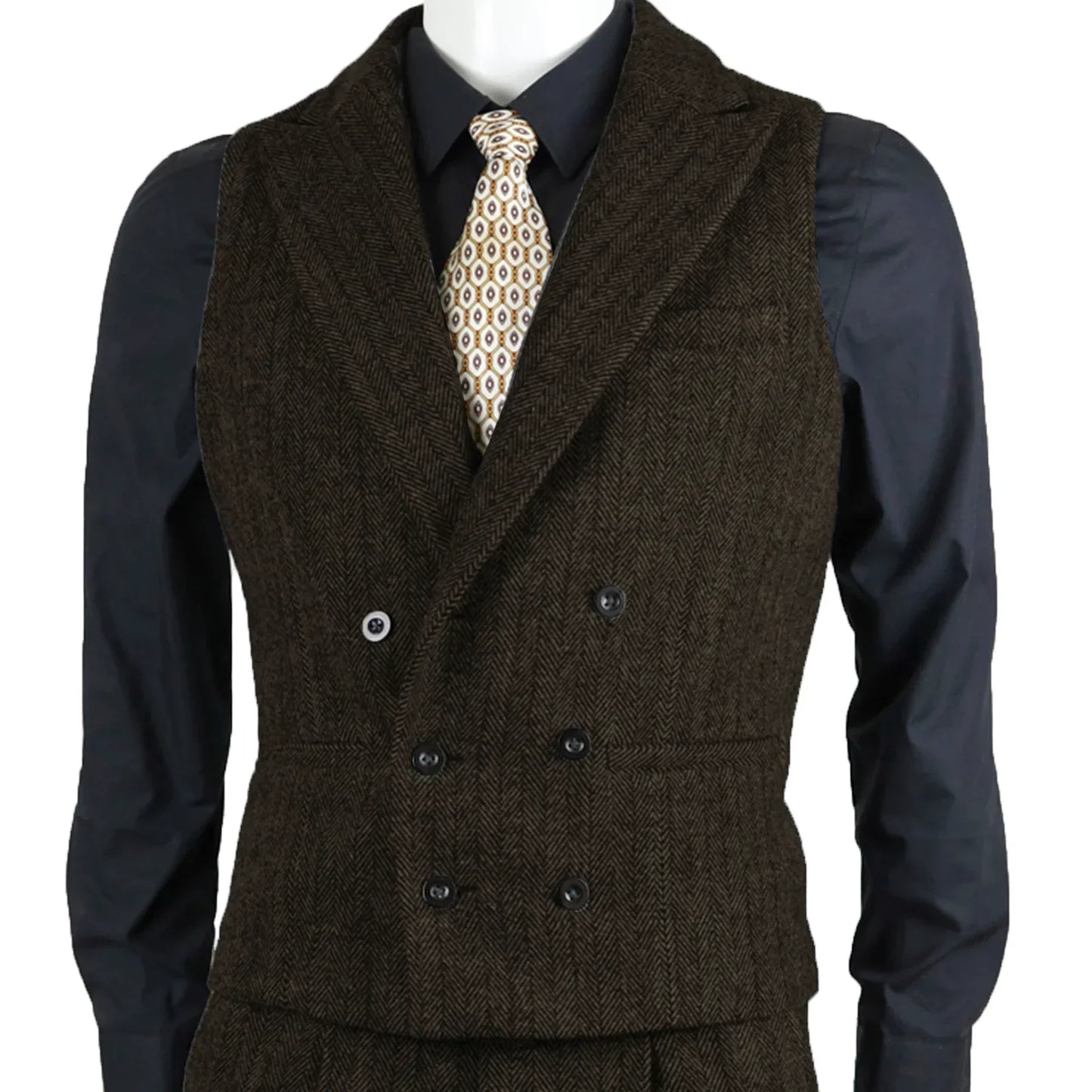 Men Suit Vest Brown Herringbone Tweed Slim Fit Waistcoat Double Breasted Sleeveless Jacket For Wedding Party Prom Suit Vests