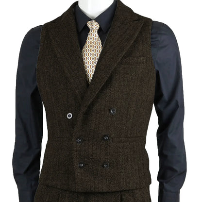 Men Suit Vest Brown Herringbone Tweed Slim Fit Waistcoat Double Breasted Sleeveless Jacket For Wedding Party Prom Suit Vests