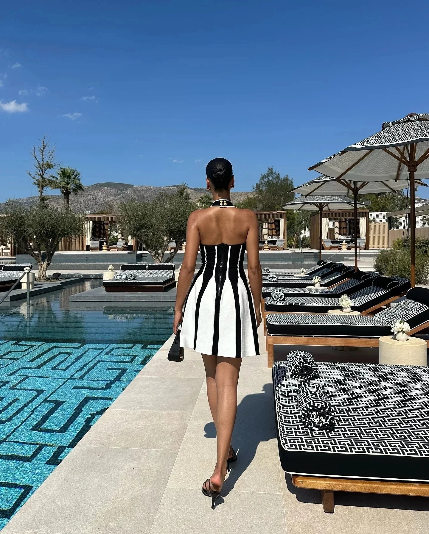 Sexy Backless Black White Stripes Halter Bandage A Line Short Dress 2025Women Celebrity Elegant Evening Party Holiday Club Dress