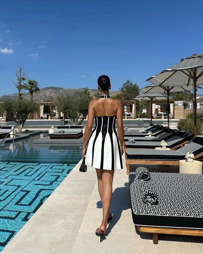 Sexy Backless Black White Stripes Halter Bandage A Line Short Dress 2025Women Celebrity Elegant Evening Party Holiday Club Dress