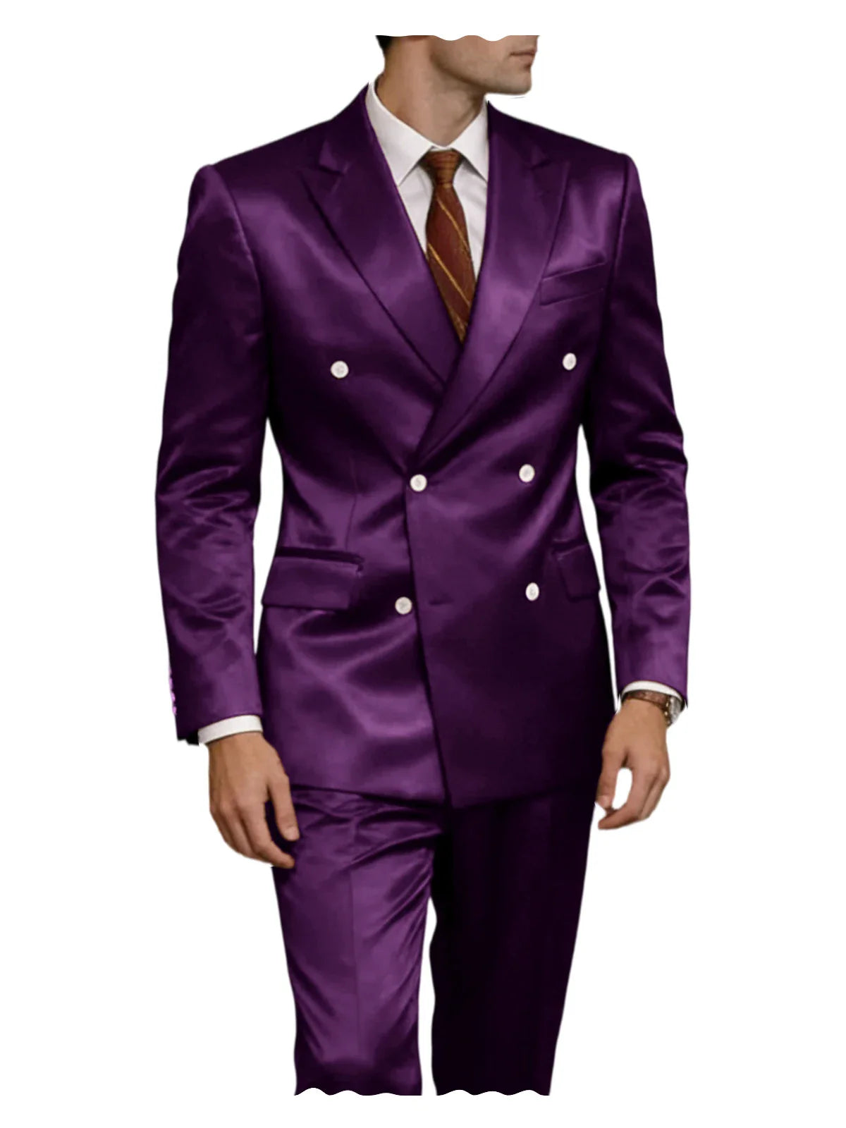 Luxury Men's Shiny Satin 2 Piece Suit Peak Lapel Double Breasted Jacket Pants Elegant Slim Fit Formal Tuxedo for Wedding Party