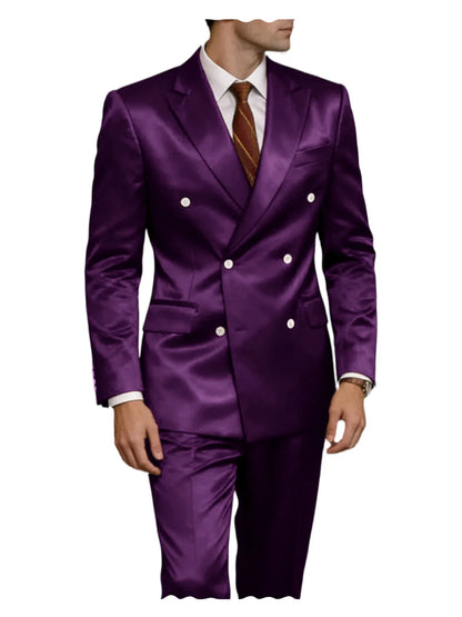 Luxury Men's Shiny Satin 2 Piece Suit Peak Lapel Double Breasted Jacket Pants Elegant Slim Fit Formal Tuxedo for Wedding Party