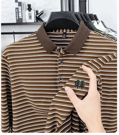 Men's Striped Long Sleeved T-shirt Polo Shirt Button Up Men's Stand Up Collar, Winter Double-sided German Velvet Base Shirt