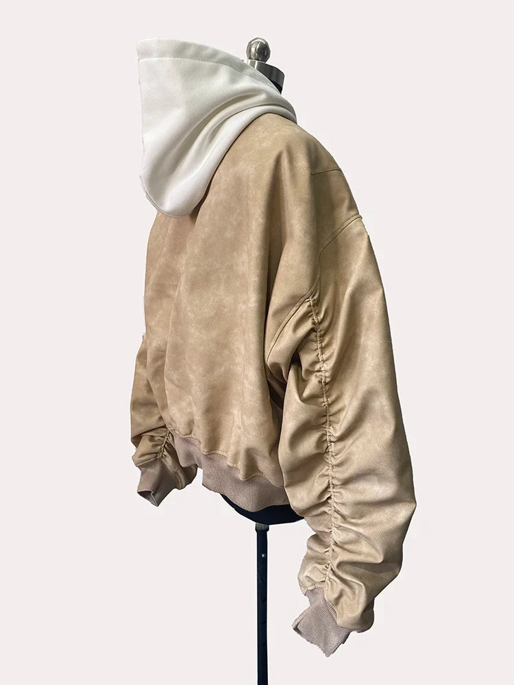 Spring Oversized Vintage Black Faux Suede Leather Jacket Men Zipper Fake 2 Piece Luxury Designer Clothes Hoodie 2024