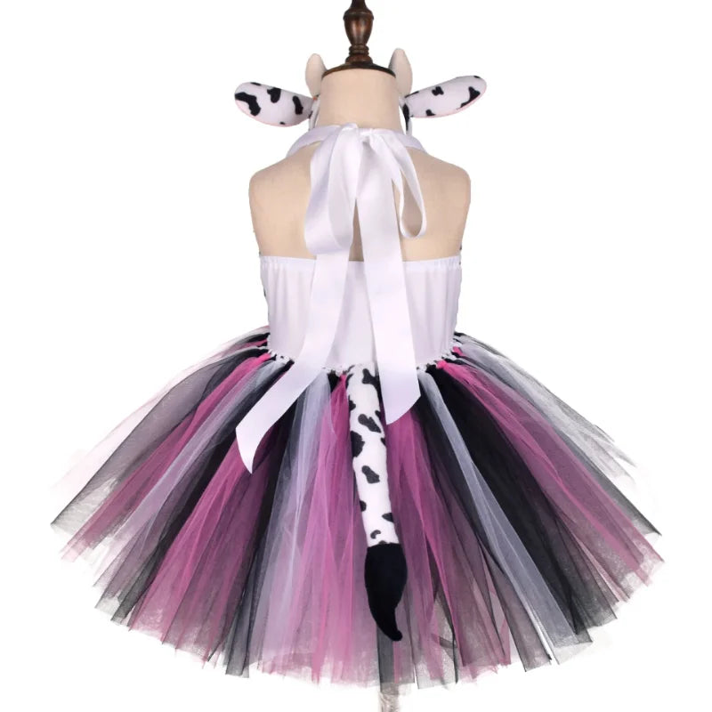 Baby Girls Halloween Animal Cosplay Costume Kids Forest Theme Giraffe Cows Tiger Leopard Zebra Print Tutu Dress Birthday Party