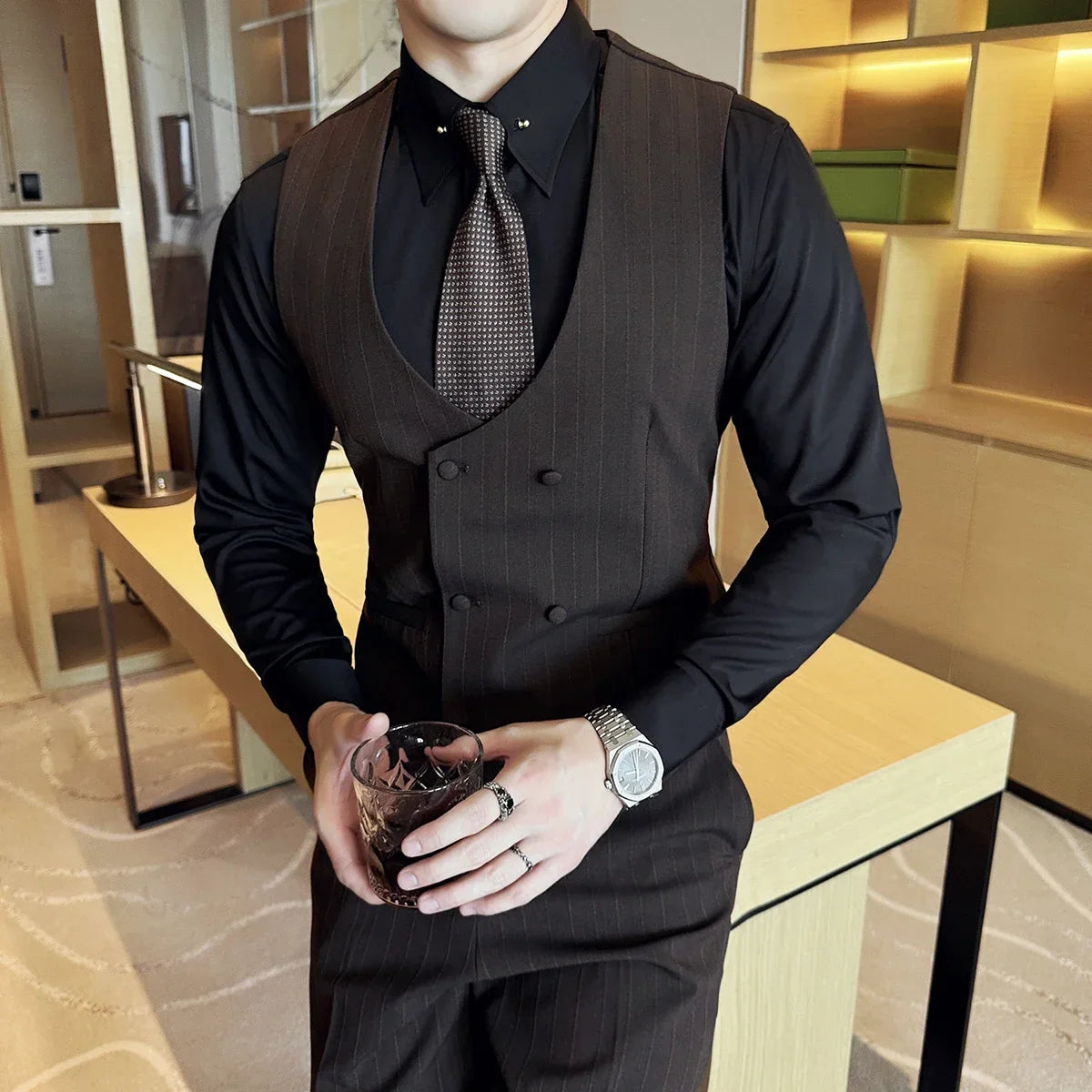 British Style Double-breasted Striped Vest With Pants Men Business Slim Fit Suit Vest 2 pieces Formal Groom Wedding Dress Vest