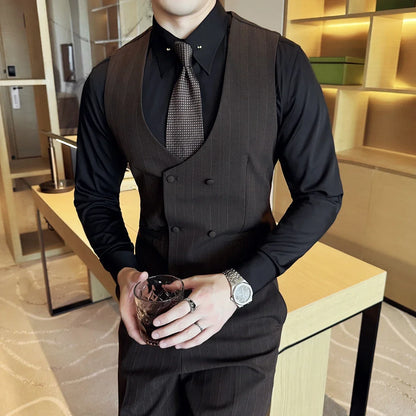 British Style Double-breasted Striped Vest With Pants Men Business Slim Fit Suit Vest 2 pieces Formal Groom Wedding Dress Vest