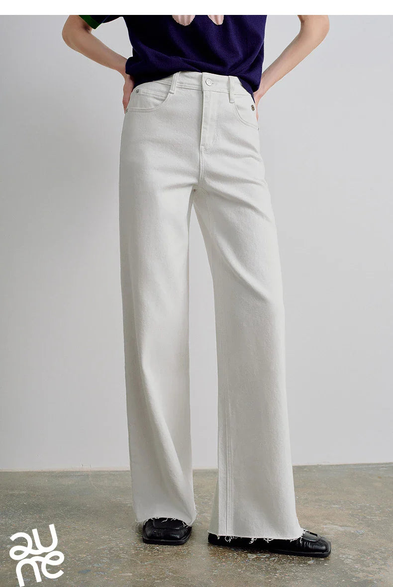 Women Jeans 2026 Spring New Black Label Lycra Stretchy White Frayed Cuff Loose Wide-Leg Pants