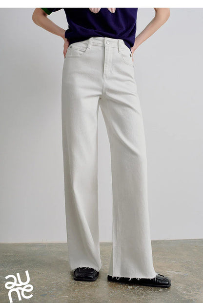 Women Jeans 2026 Spring New Black Label Lycra Stretchy White Frayed Cuff Loose Wide-Leg Pants