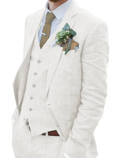 High-End Retro Linen Men Suit Beach Wedding Suit Summer Slim Fit 3 Pieces Light Weight Linen Suit Jacket Vest Pant