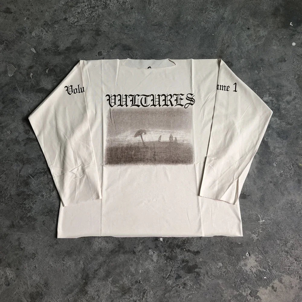 Vultures DONDA Kanye Quality Printed Long Sleeves 100%Cotton Casual Loose Oversized Tops T Shirt For Men