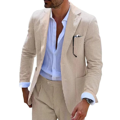 Summer Stripe Men Suits 2 Pieces Seersucker Notched Lapel Wedding Party Suit Jacket Pants Casual Blazer Slim Fit Suits for Men