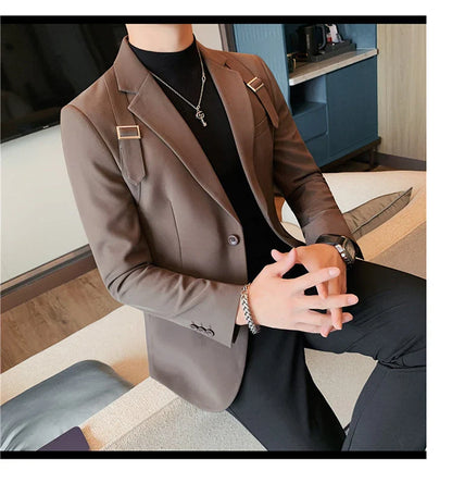 2024 Autumn Winter New Strap Decoration Suit Jacket for Men Fashion Slim Casual Business Blazers Groom Wedding Social Tailcoat