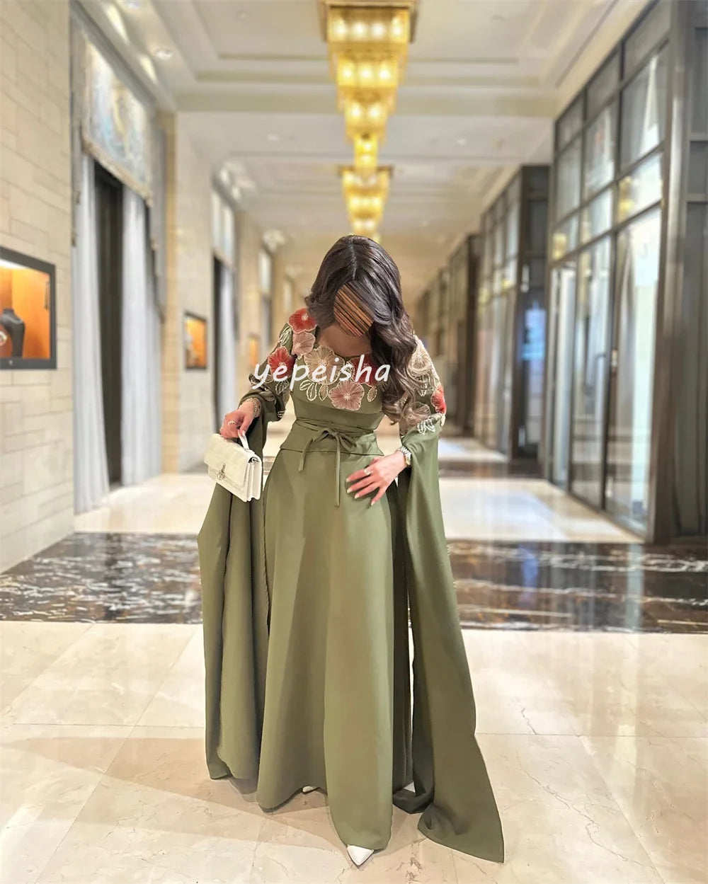 Customized Intricate Matching Jersey Flower Beading Sash A-line Square Neck Long Dresses Bespoke Occasion Dresses Exquisite Sexy
