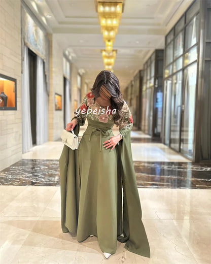 Customized Intricate Matching Jersey Flower Beading Sash A-line Square Neck Long Dresses Bespoke Occasion Dresses Exquisite Sexy