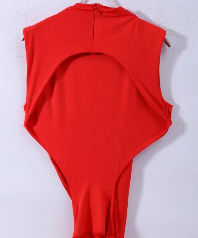 Red Asymmetrical Draped Backless Maxi Dress One Shoulder High Neck Cutout Bodycon Evening Gown For Women Formal Party