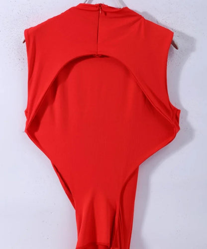 Red Asymmetrical Draped Backless Maxi Dress One Shoulder High Neck Cutout Bodycon Evening Gown For Women Formal Party