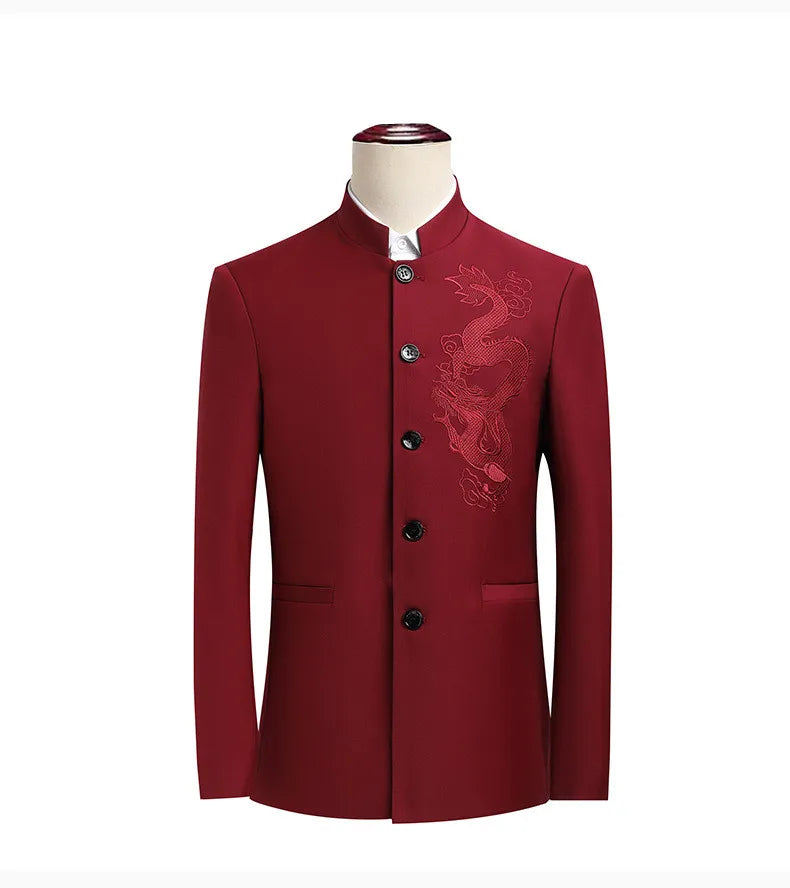 2026 New Men's Stand Collar Long Sleeve Suit Jacket, Asian Size Chinese-Style Slim-Fit Blazer in Dark Blue/Red/Grey/Black/White