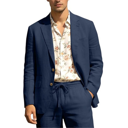 Men's Linen Suit 2 Piece Set Blazer & Drawstring Pants Business Casual Suit Jacket Trousers Summer Beach Wedding Formal Outfit