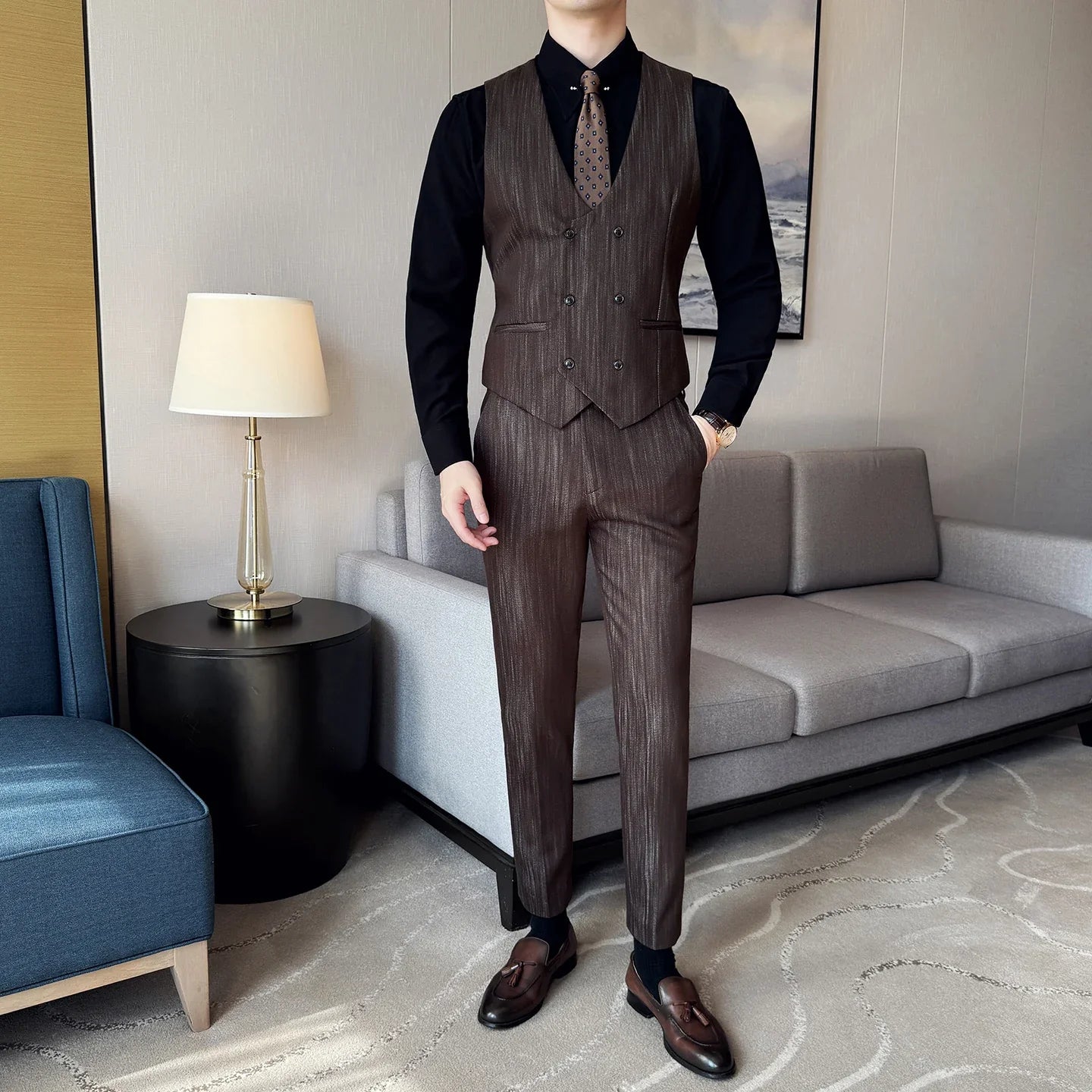 ( Vest + Pants) Double-breasted Striped With Pants Men Business Slim Fit Suit Vest 2 pieces Formal Groom Wedding Dress Vest