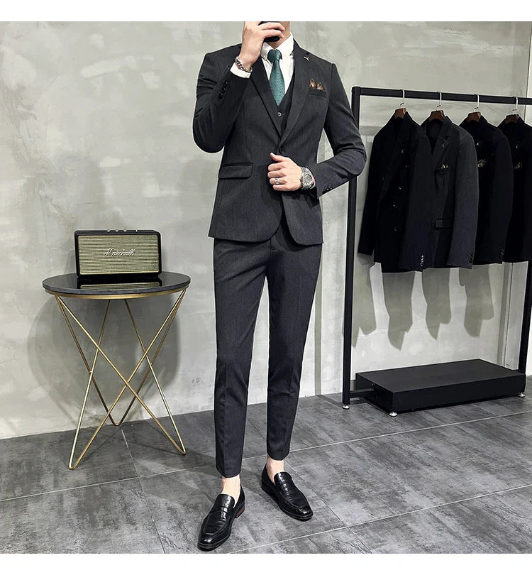 S-7XL Jacket Vest Pants Luxury Elasticity Boutique Fashion Men's Solid Color Casual Business Suit 3-piece Sets Groom Wedding