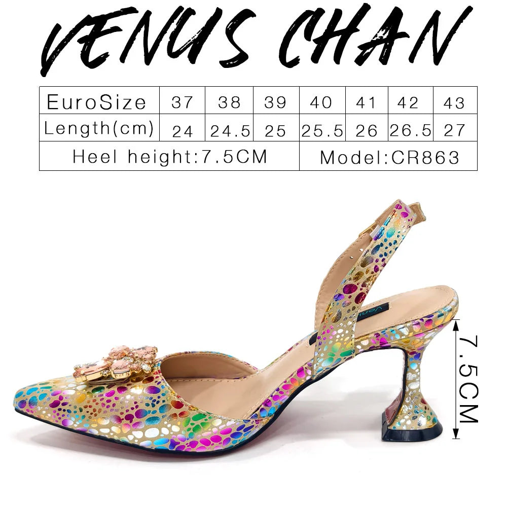 Elegant Rhinestone Heels & Matching Bag Set, Colorful Print Pointed Toe Block Heels for Banquet Club Night