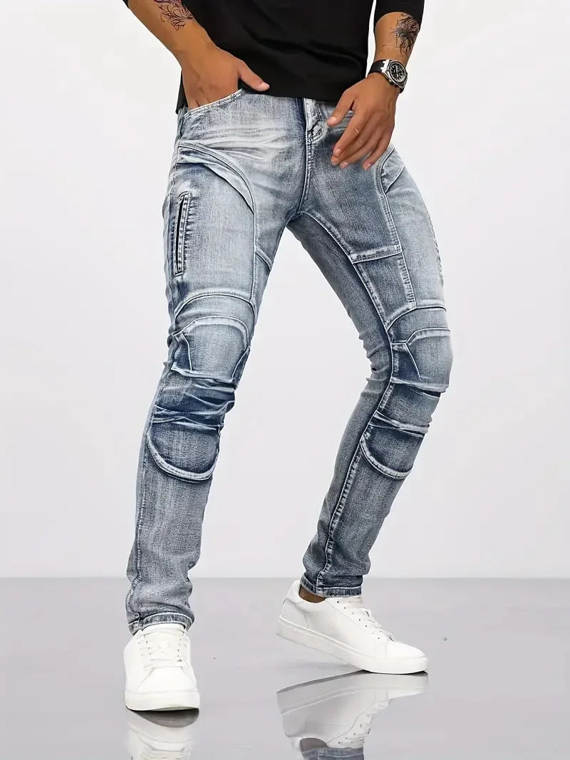 Two tone distressed patchwork jeans for men trendy jeans for summer thin straight leg pants slim fit small leg distressed jeans